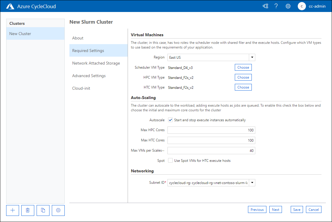 Screenshot that shows the Required Settings tab of the New Slurm Cluster page of the Azure CycleCloud web application.