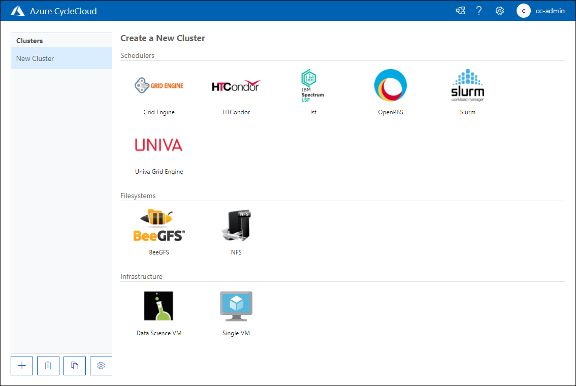 Screenshot that shows the Create a New Cluster page of the Azure CycleCloud web application.