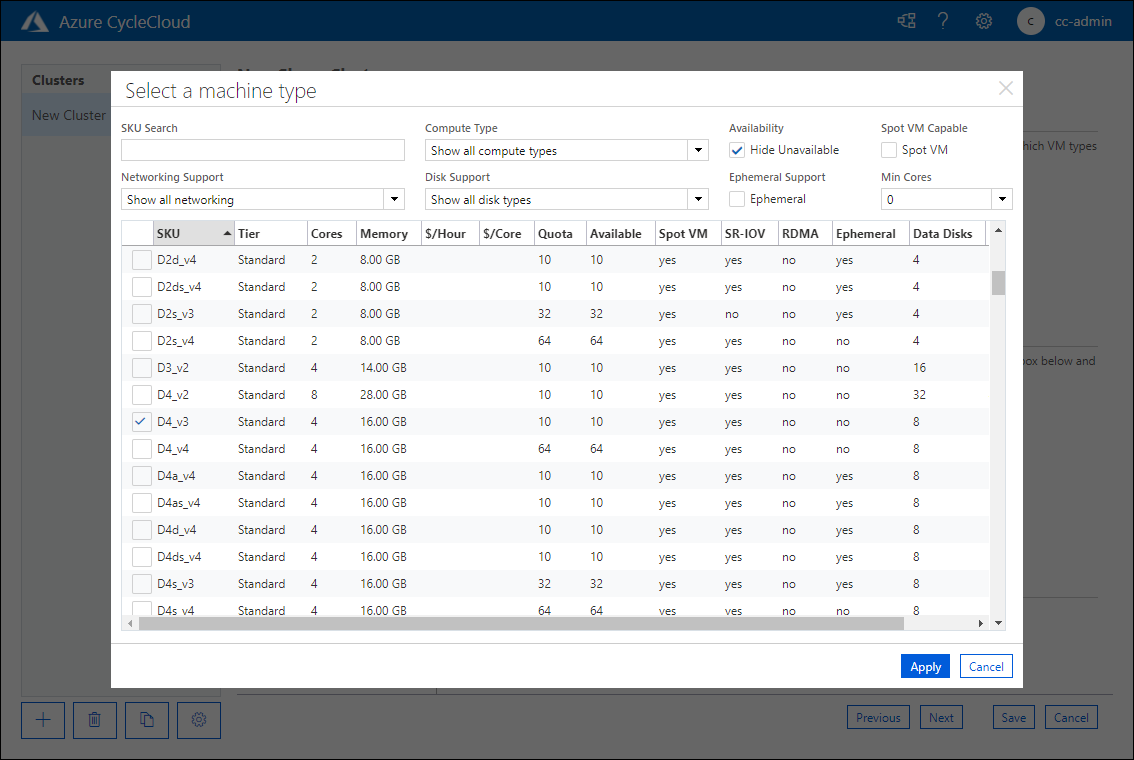 Screenshot that shows the Select a machine type pop-up window tab of the New Slurm Cluster page of the Azure CycleCloud web application.