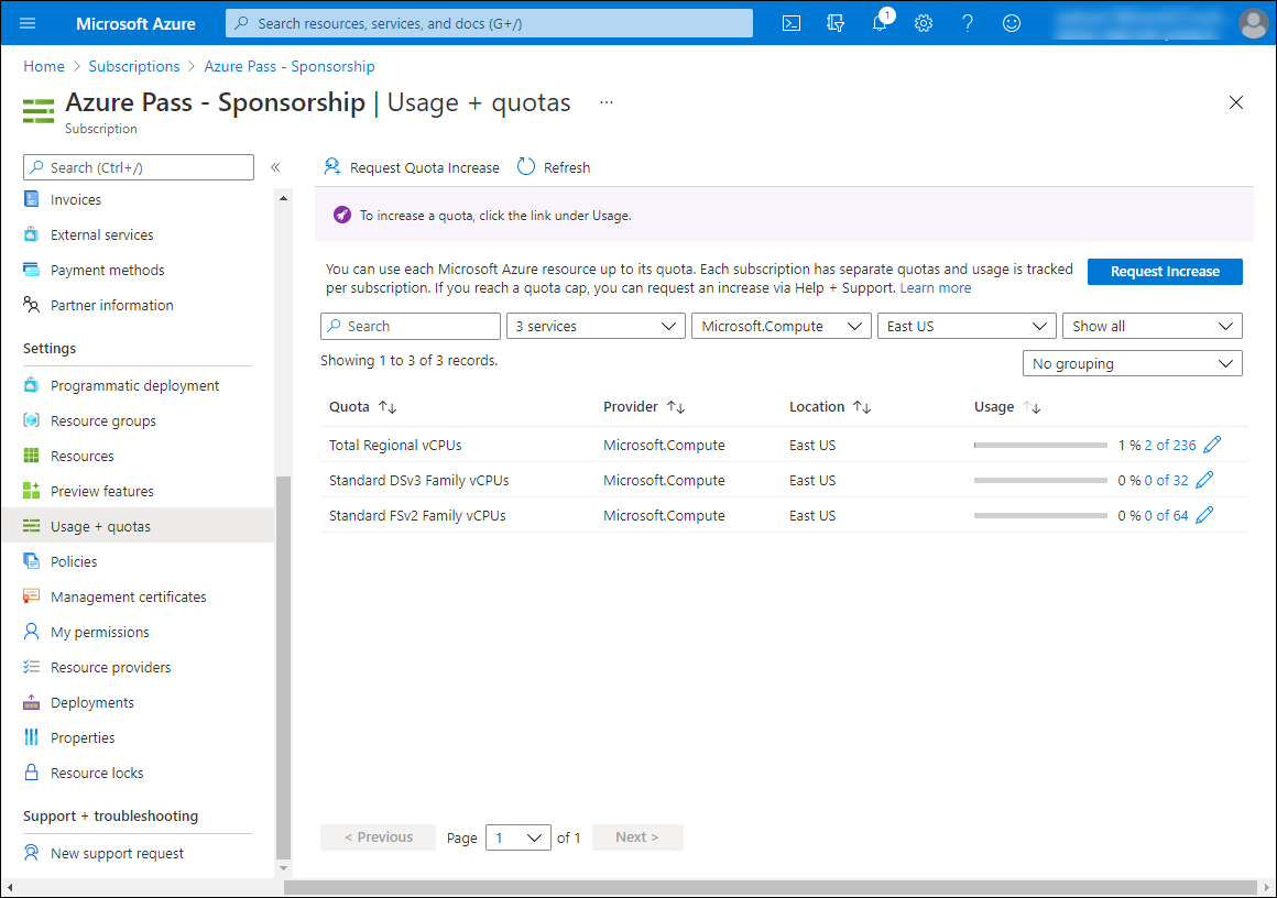 Screenshot that shows the Usage plus quotas pane in the Azure portal.
