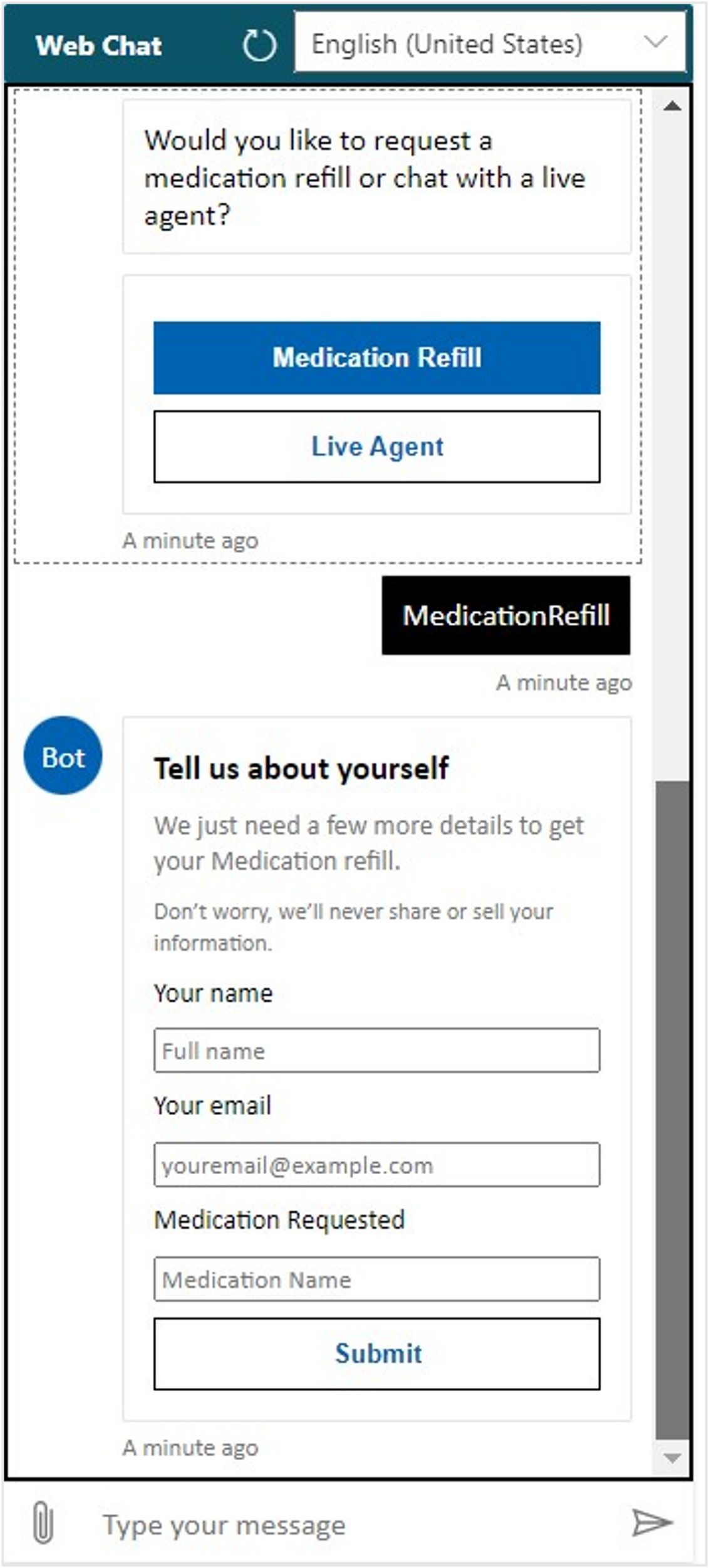Screenshot of the Tell us about yourself Web Chat window.