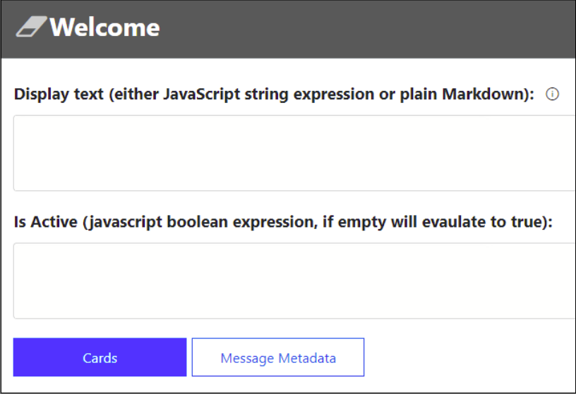 Screenshot of the Welcome display text window with the Cards button selected.