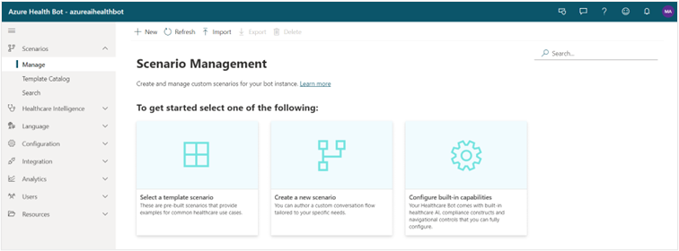 Screenshot of the Azure Health Bot welcome page.