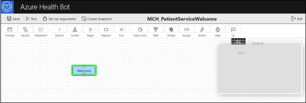 Screenshot of the Azure Health Bot design page with the Intro prompt highlighted.