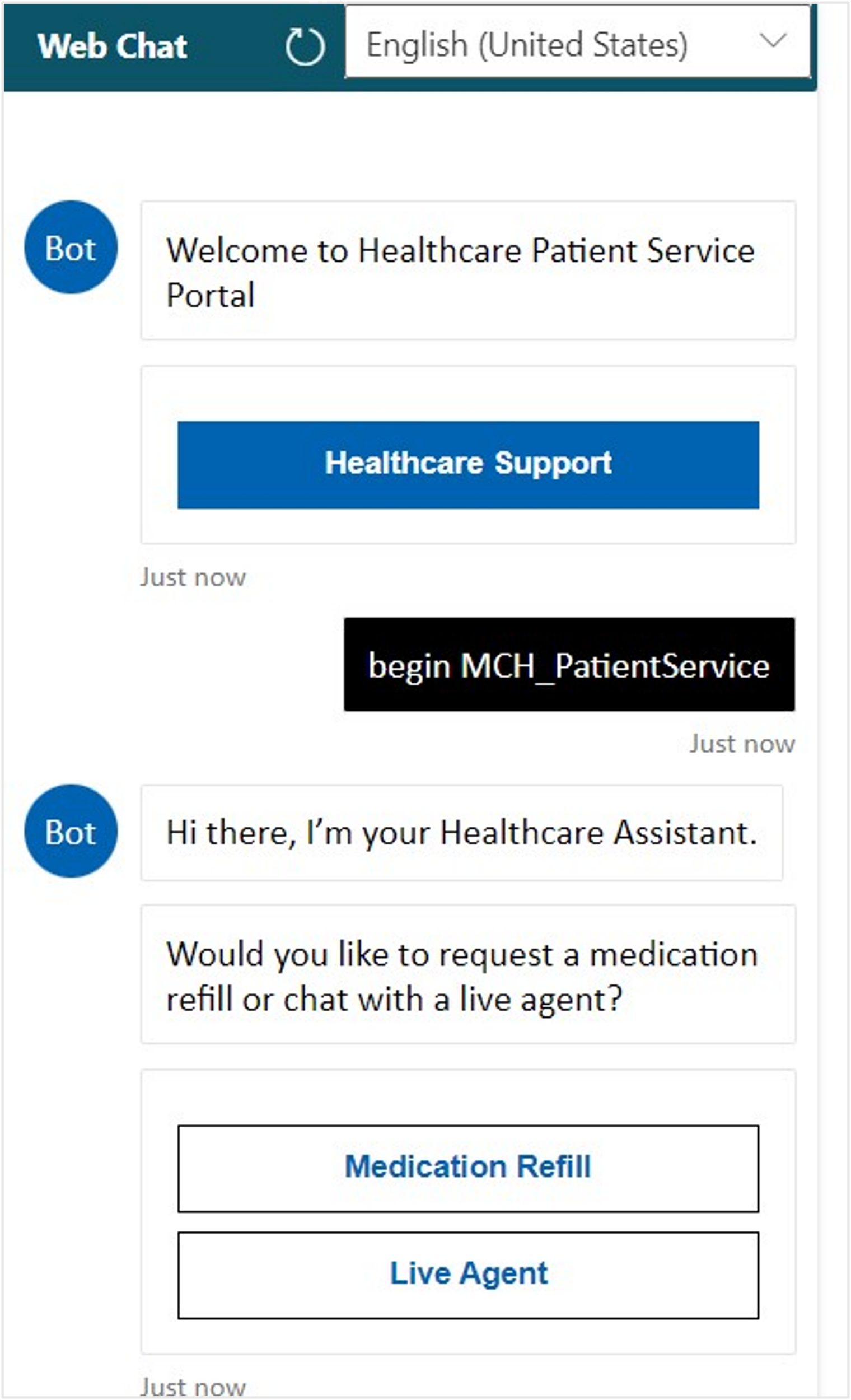 Screenshot of the Welcome to Lamna Healthcare Patient Service Portal Web Chat welcome screen.