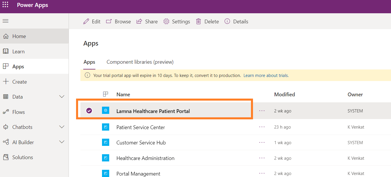 Screenshot of the Power Apps Portal apps menu with Lamna Healthcare Patient Portal highlighted.