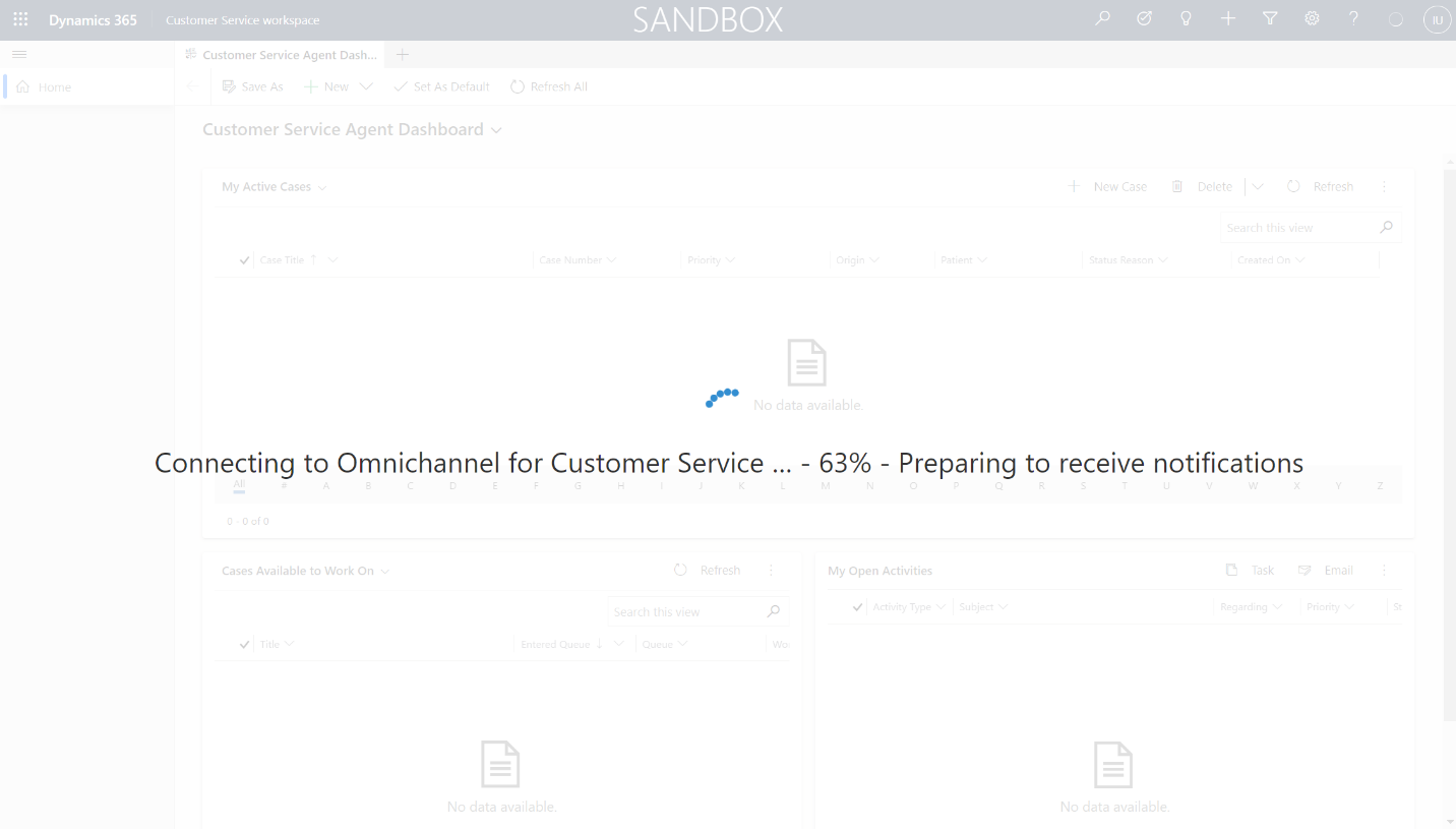 Screenshot of the splash screen message connecting to Omnichannel for Customer Service.