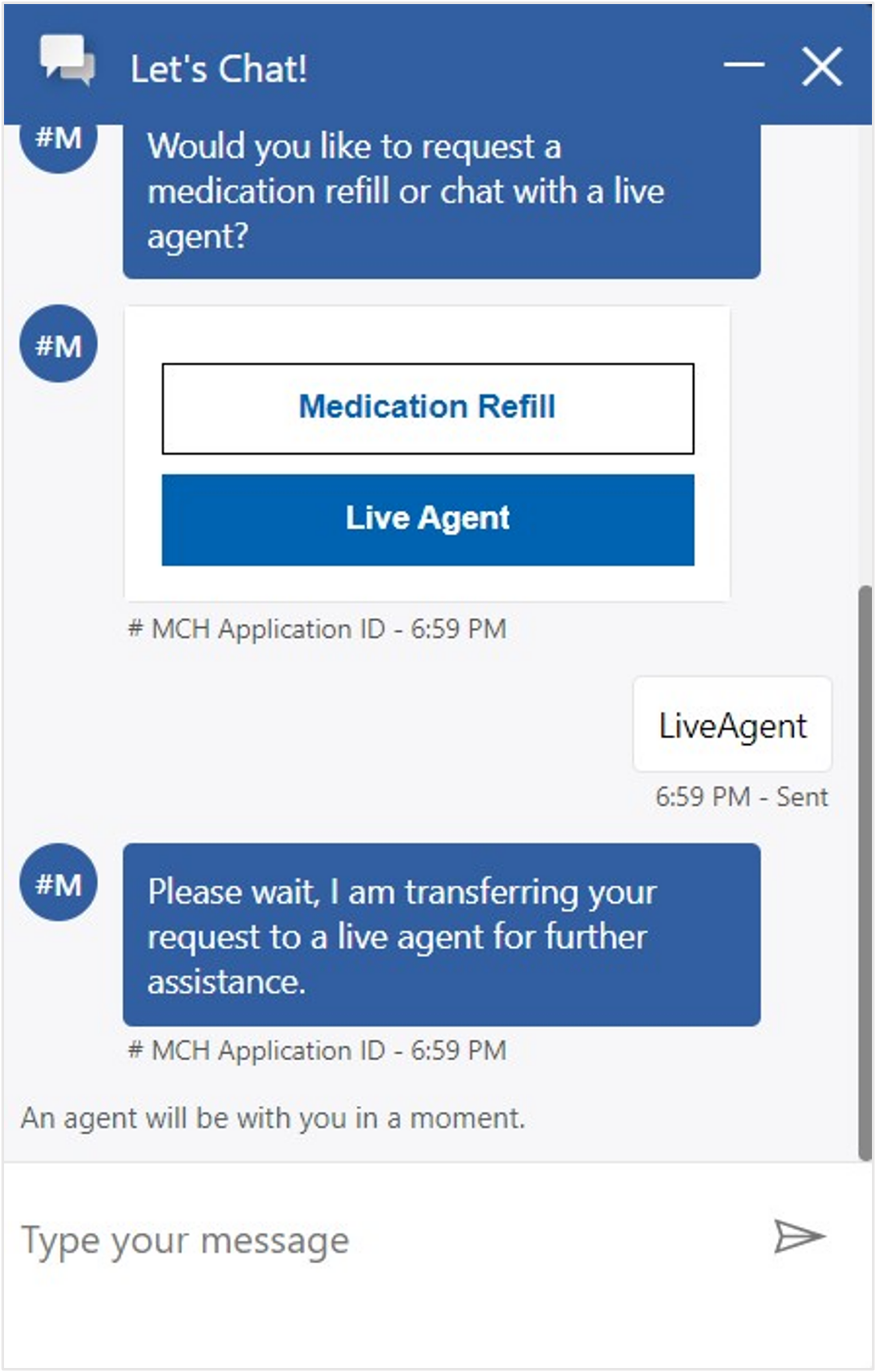 Screenshot of the Let's Chat dialogue window with Medication Refill and Live Agent options.
