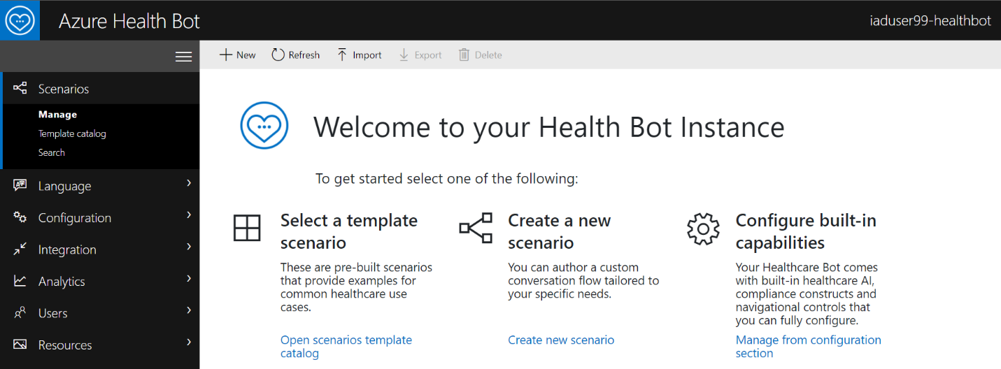 Screenshot of the Azure Health Bot Welcome page sitemap label in the left navigation