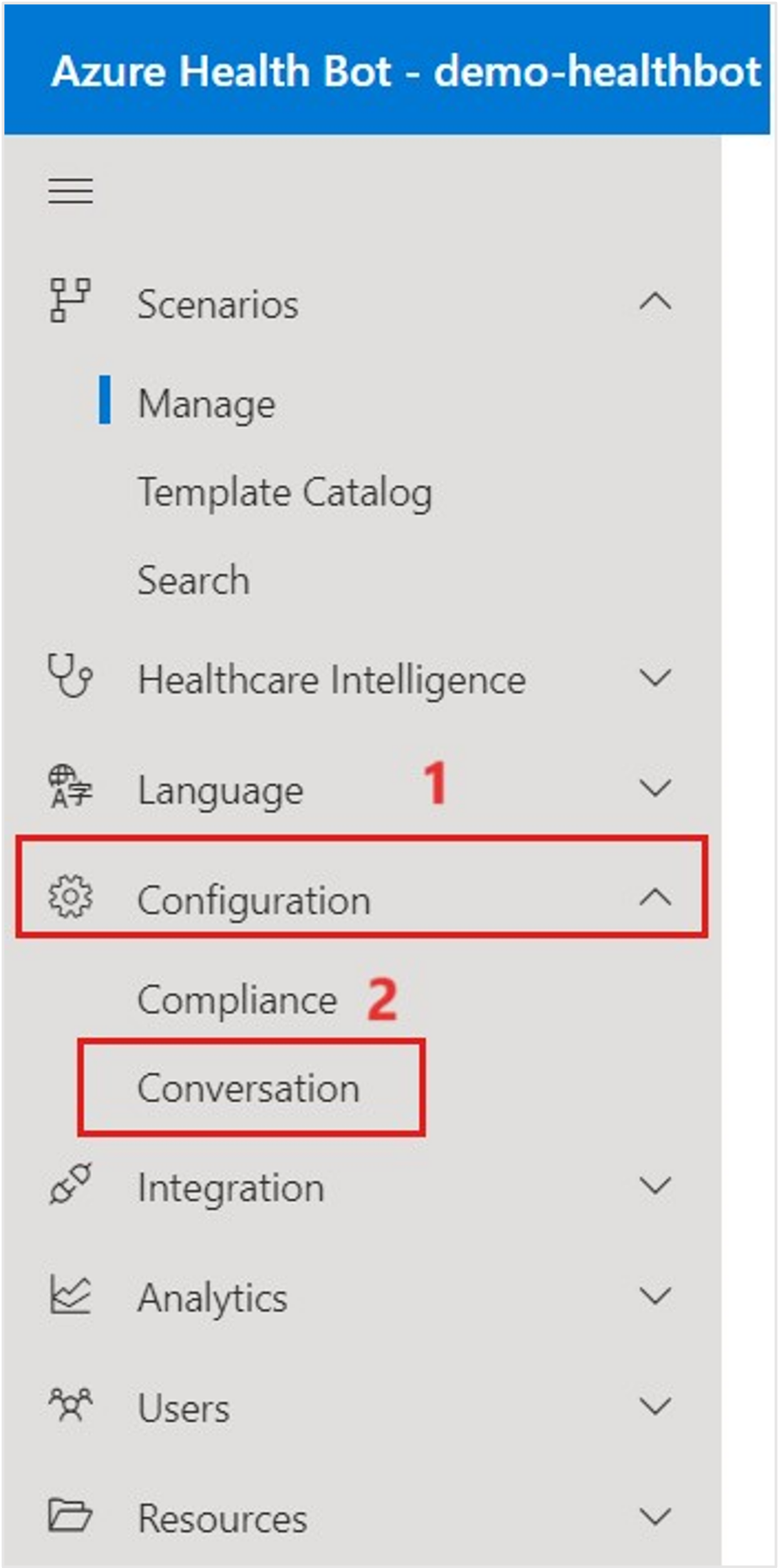 Screenshot of the Configuration left navigation menu with the Conversation menu option highlighted.