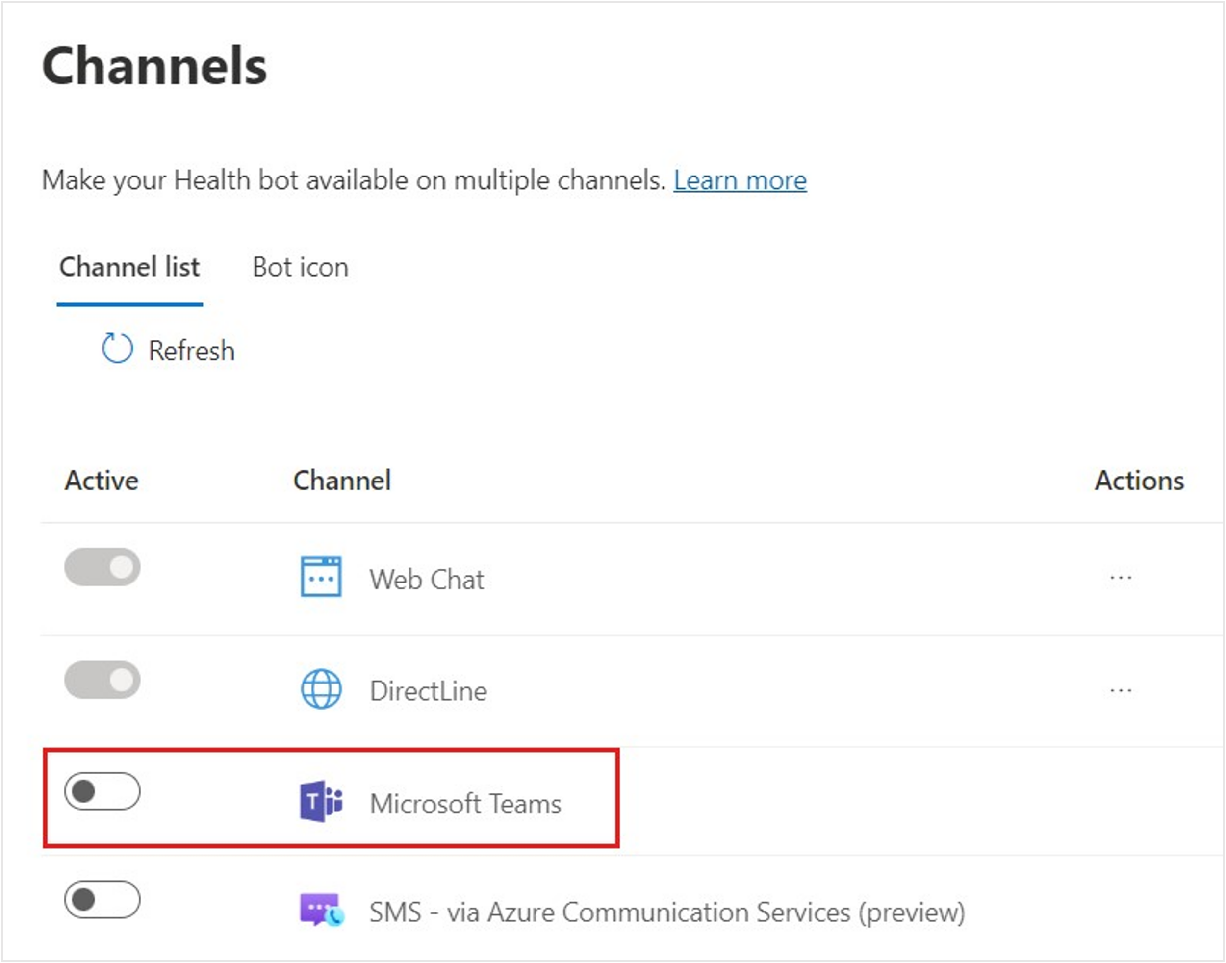 Screenshot of the Channels list including the Microsoft Teams option.