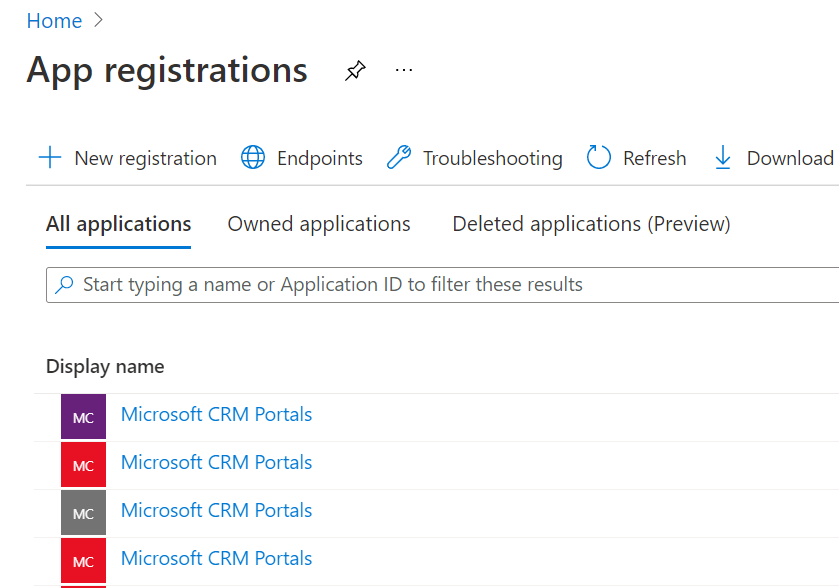Screenshot of the All applications tab on the App registrations homepage.