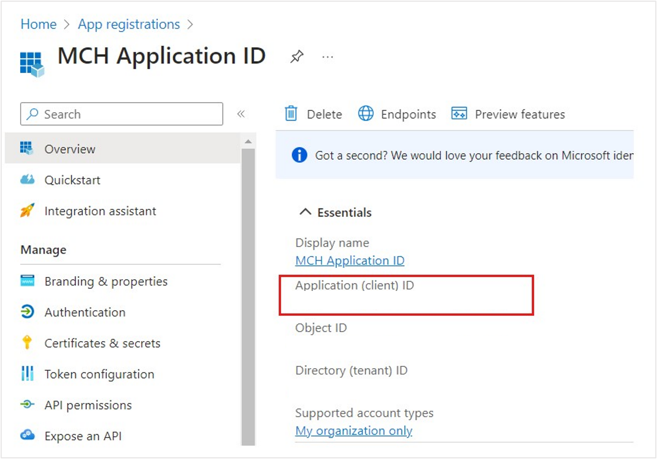 Screenshot of the App registration MCH Application ID page including the Application (client ID) option in the Overview Essentials menu.