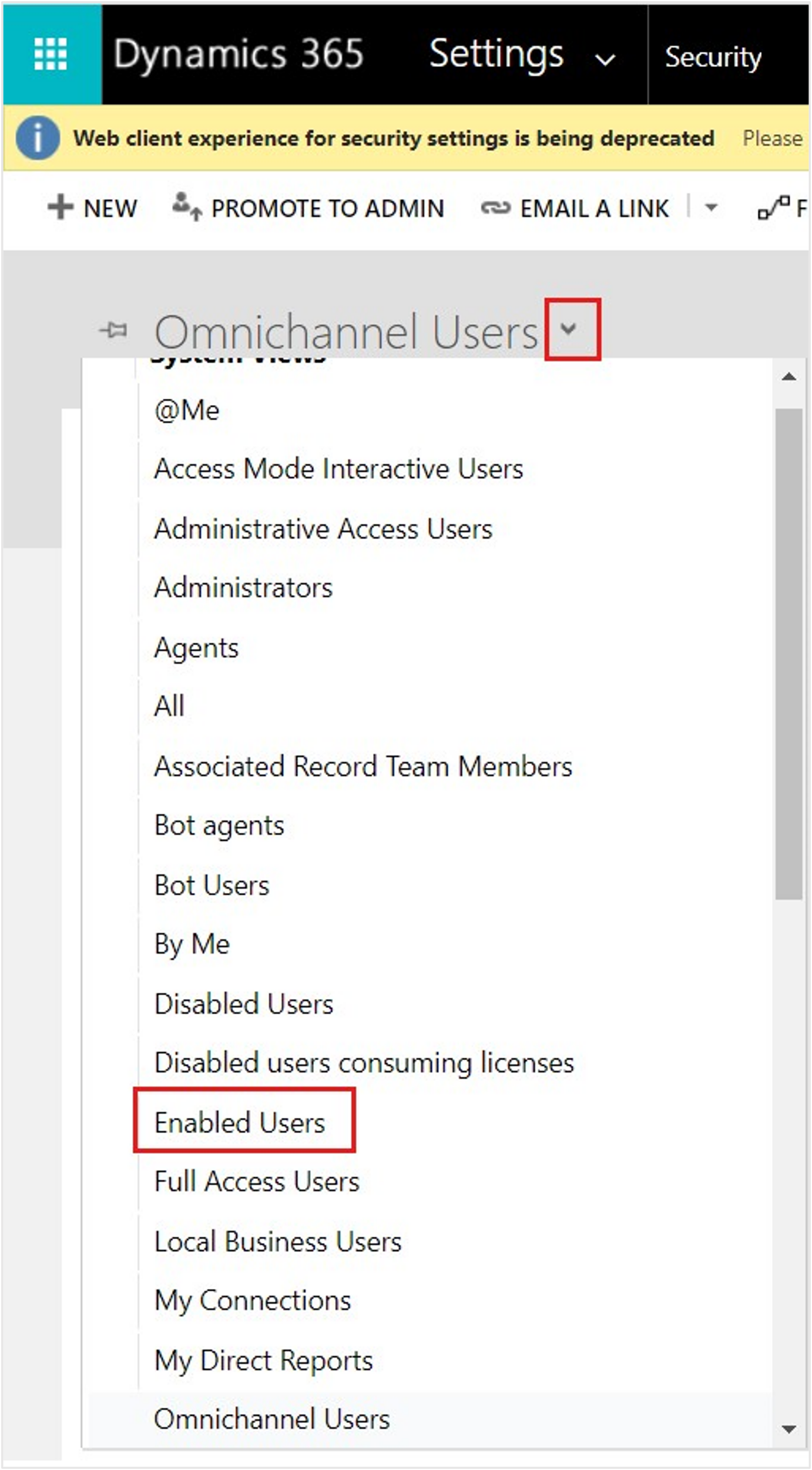 Screenshot of the Omnichannel Users menu with Enabled Users option highlighted.