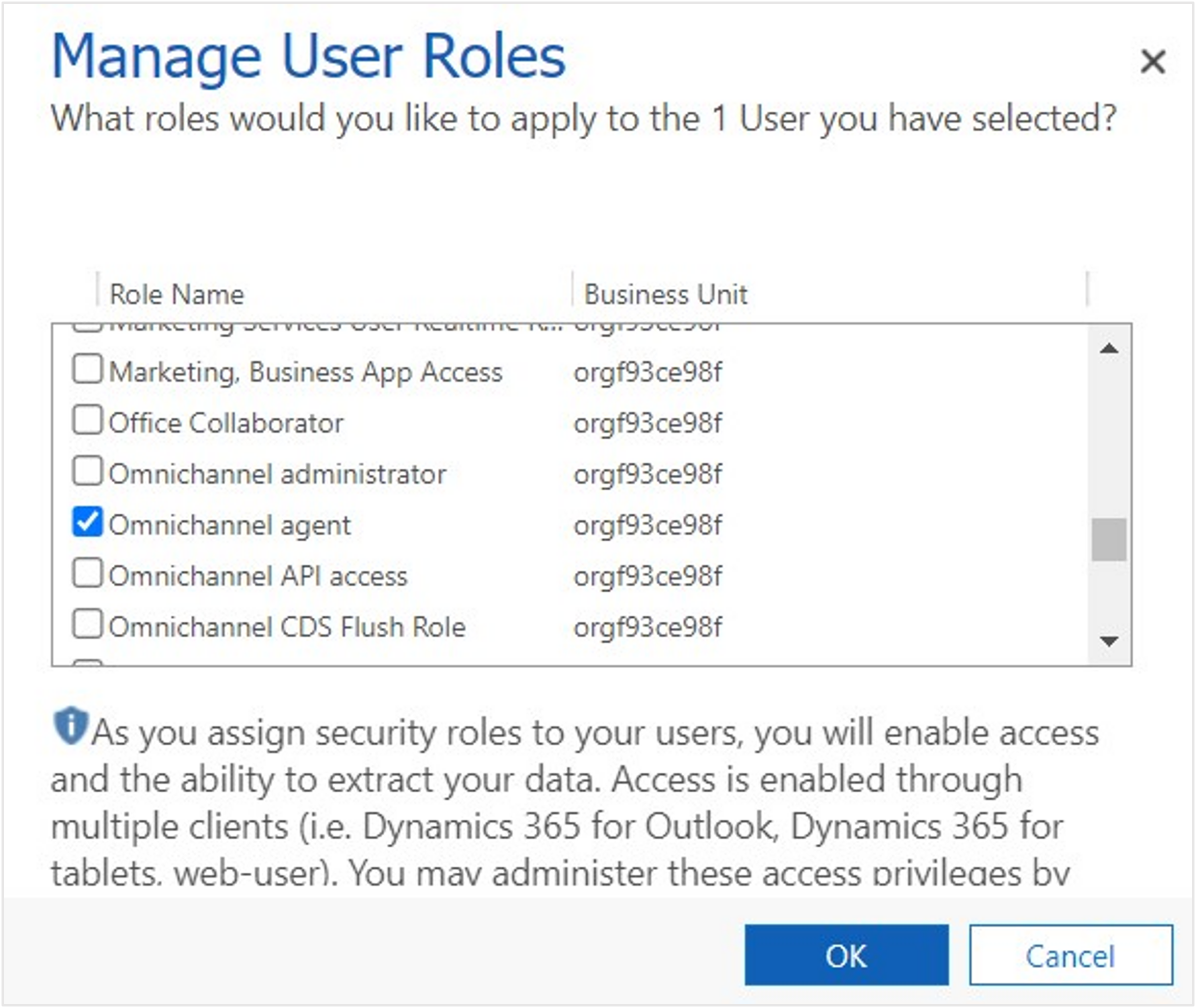 Screenshot of Manage User Roes with the Omnichannel agent Role Name selected.