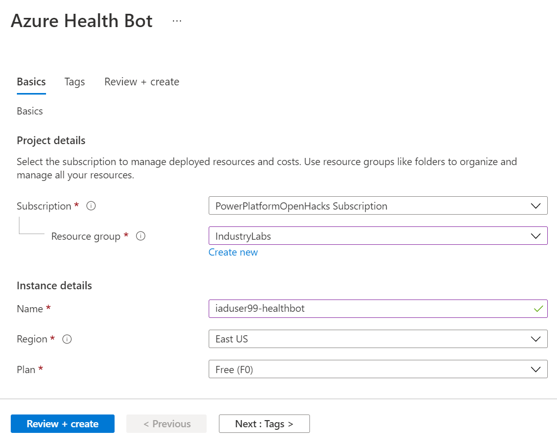 Screenshot of the Azure Health Bot page Basics tab and associated fields.