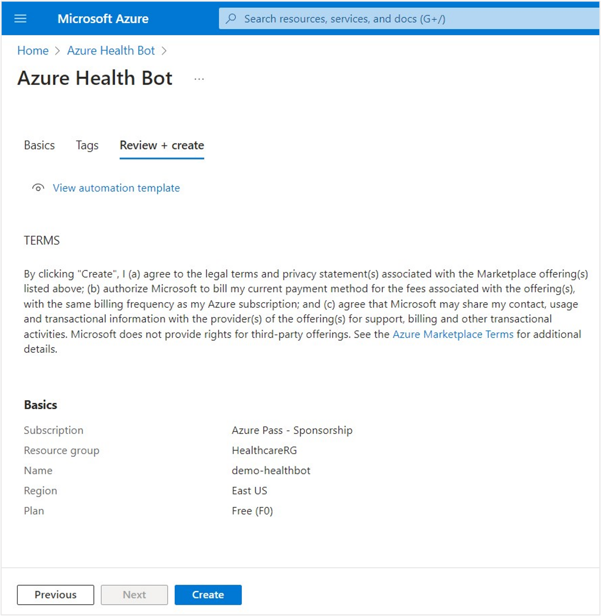 Screenshot of the Azure Health Bot review and create terms and create button.