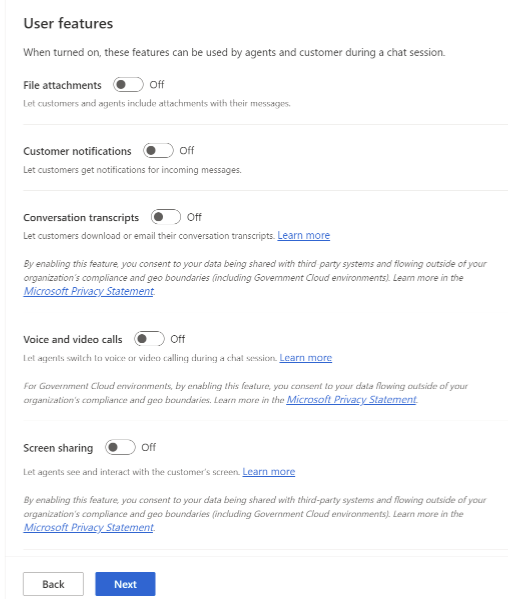 Screenshot of user features information page.