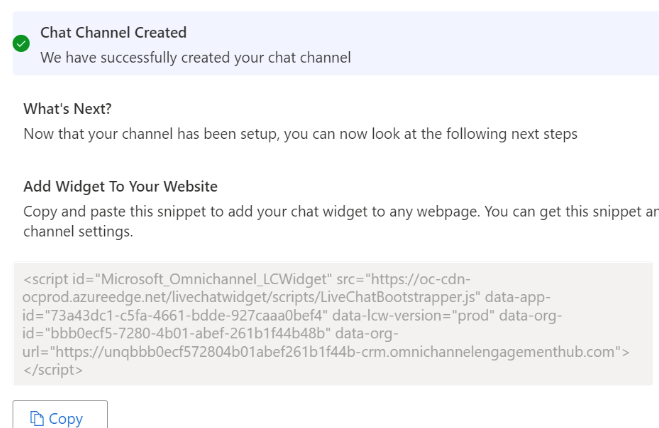 Screenshot of the copy script for channel created.