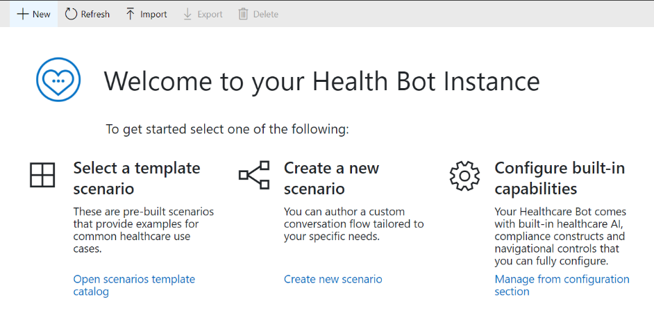 Screenshot of the Azure Health Bot homepage with the New option selected in the horizontal navigation bar.