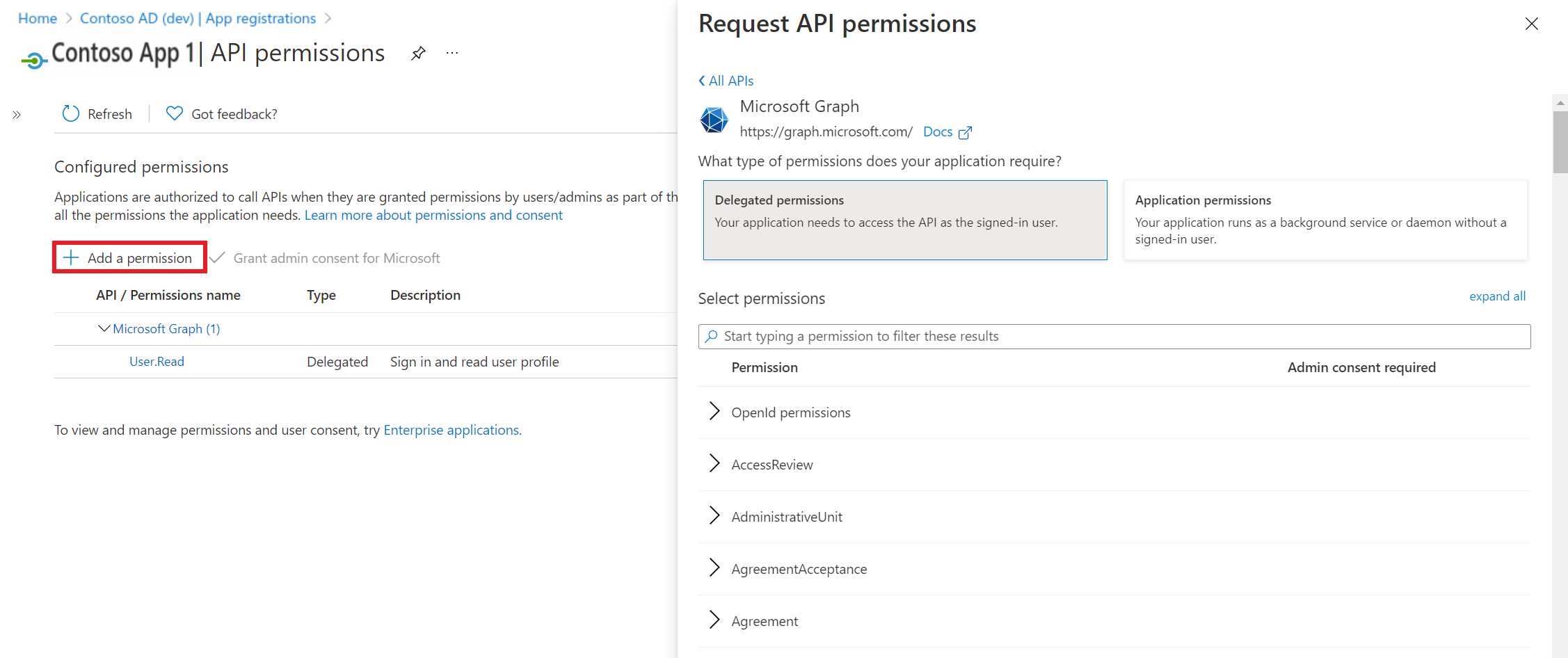 Screenshot showing the API permissions blade of an app registered with Azure Active Directory on Azure portal.