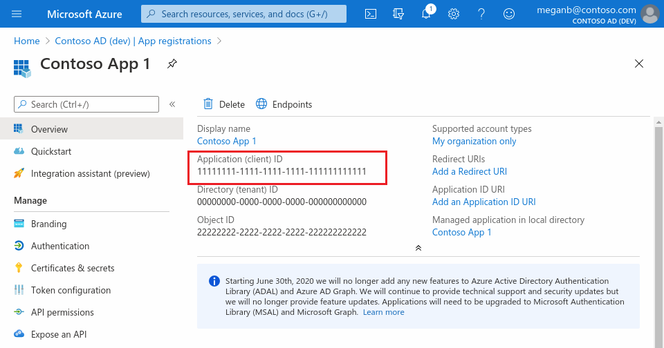 Screenshot highlighting the App ID of an app registered with Azure Active Directory on Azure portal.
