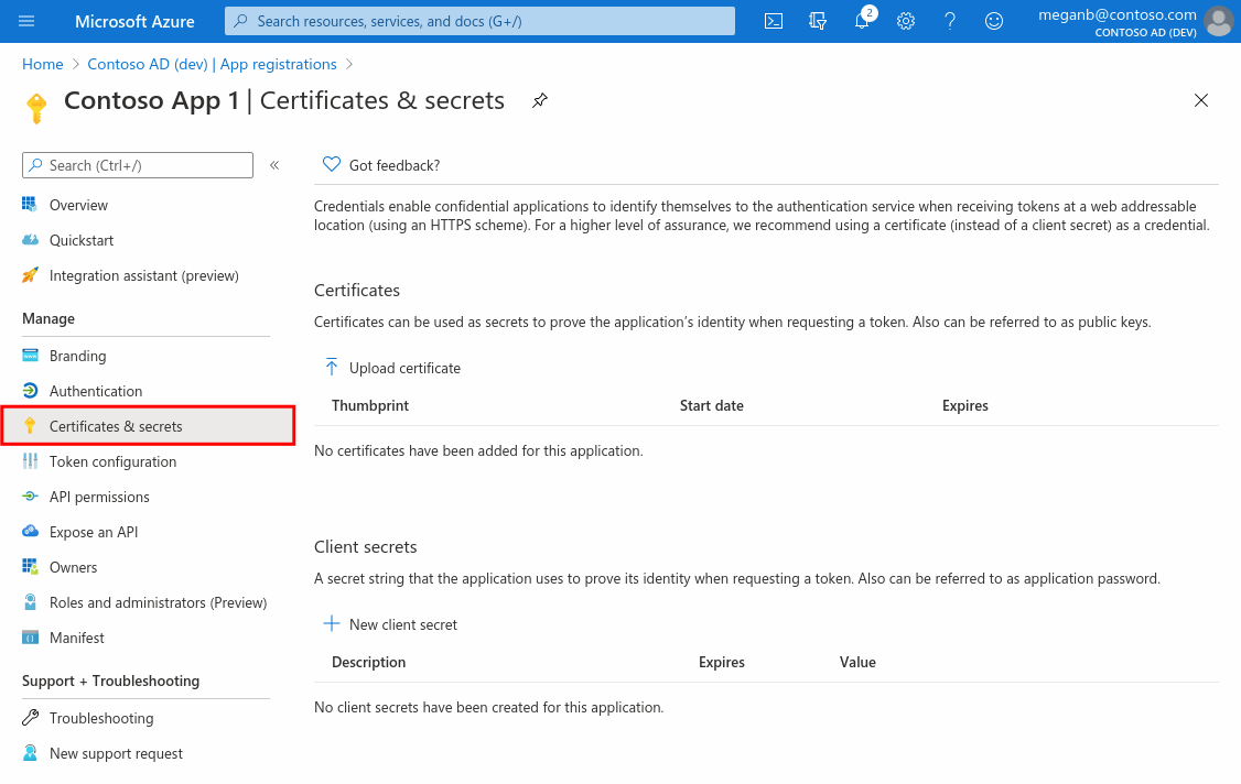 Screenshot highlighting the certificates & secrets blade of an app registered with Azure Active Directory on Azure portal