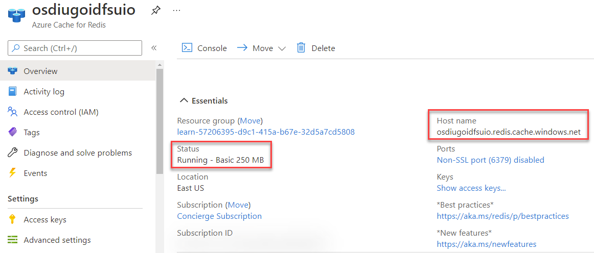 Screenshot of the Essentials section within the Azure Cache for Redis instance Overview pane.