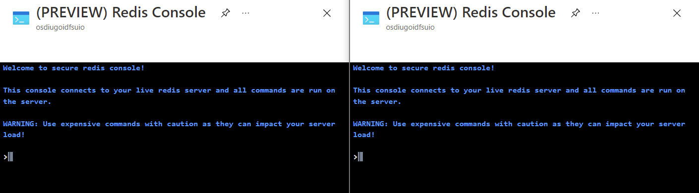 Screenshot of two instances of Azure Cache for Redis console running.