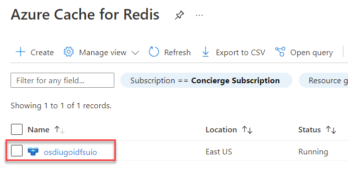 Screenshot of the Azure Cache for Redis resource list.
