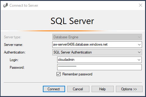 Screenshot of how to connect to SQL Database in SSMS.