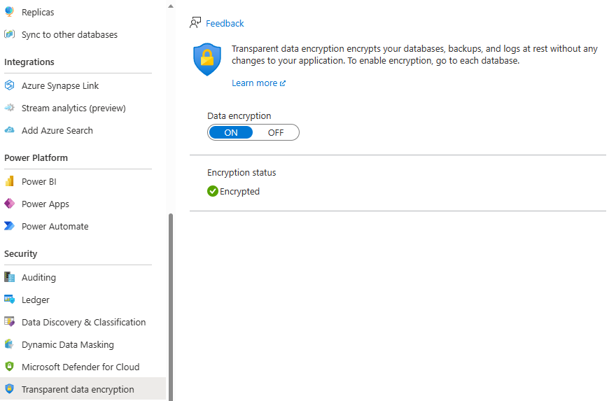 Screenshot of confirming TDE is on in the Azure portal.