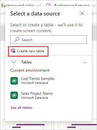 Screenshot of Select a data source popup with Create new table highlighted.