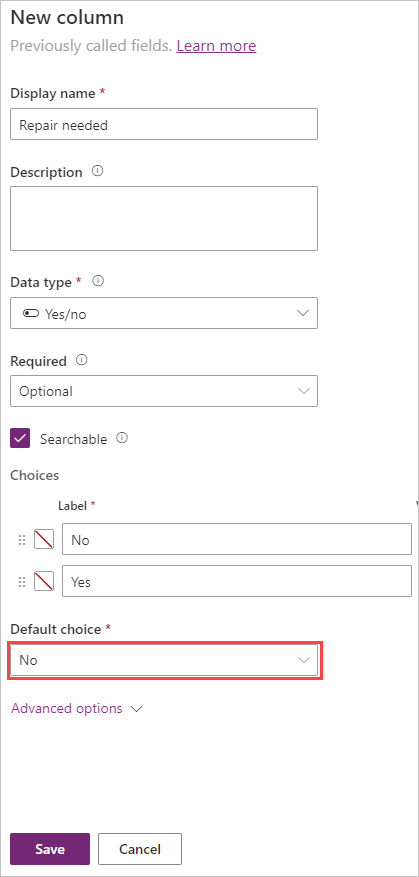 Screenshot of adding a yes/no column with default choice highlighted as no.