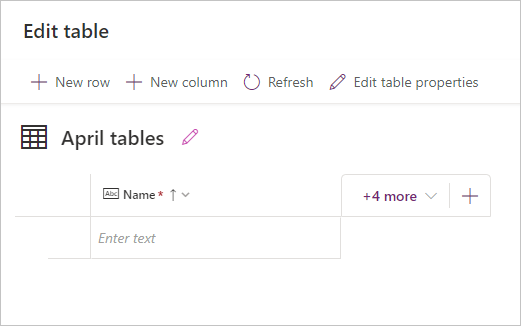 Screenshot of Edit table screen showing with the edit header showing and the table blank.