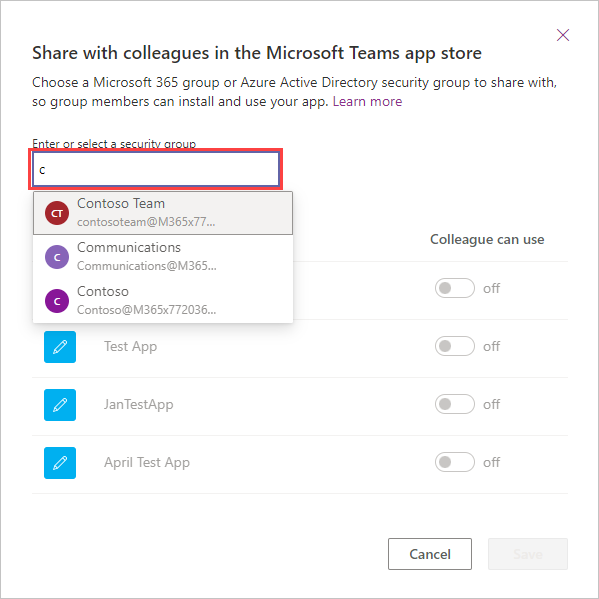 Screenshot of Share with colleagues dialog box with the entry field highlighted.