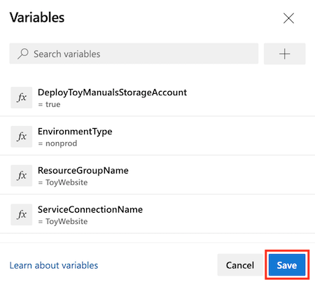 Screenshot of Azure DevOps that shows the pipeline variable editor, with the Save button highlighted.