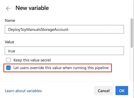 Screenshot of Azure DevOps that shows the pipeline variable editor.