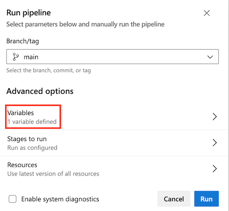 Screenshot of Azure DevOps that shows the 'Run pipeline' page, with the Variables menu item highlighted.