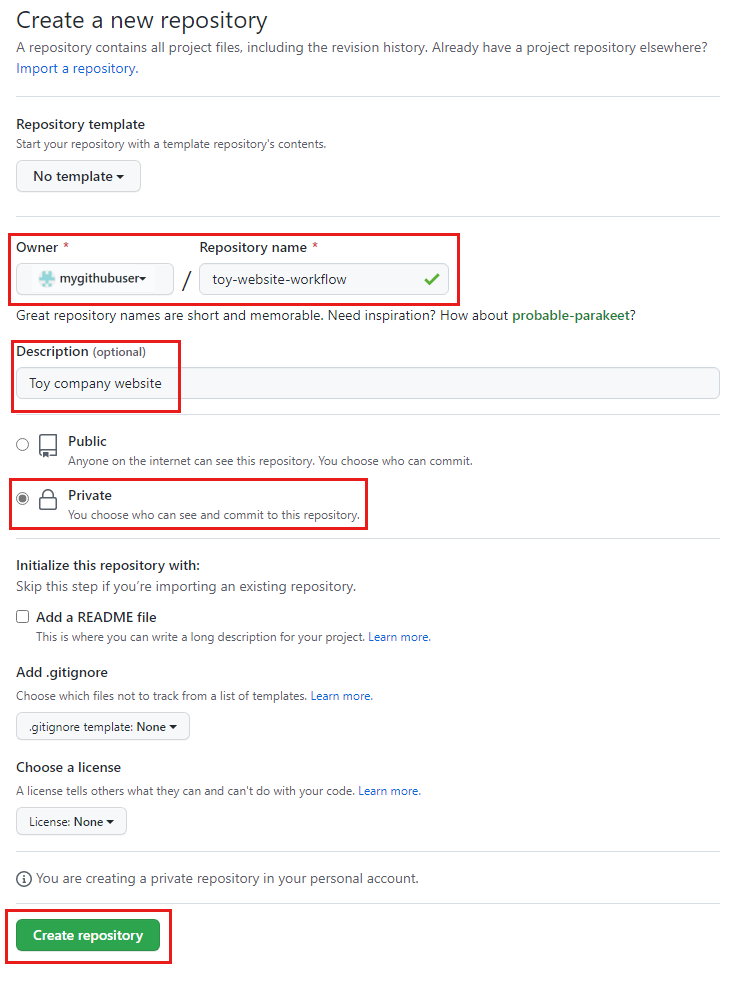 Screenshot of the GitHub interface showing the configuration for the repository to create.