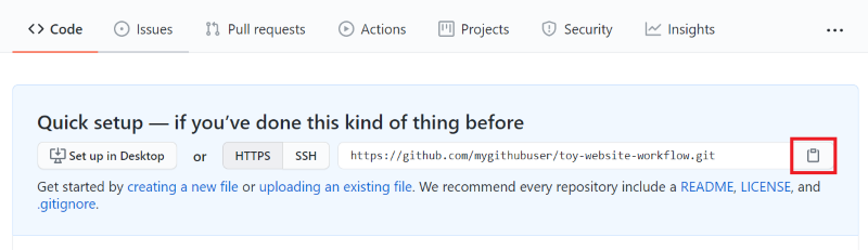 Screenshot of the GitHub interface showing the new empty repository, with the repository URL copy button highlighted.