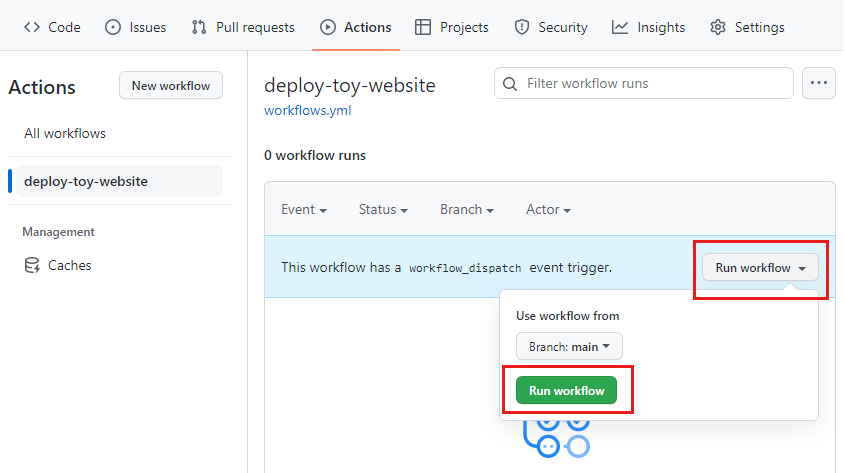 Screenshot of the GitHub interface showing the Actions tab, with the Run workflow dropdown and button selected.