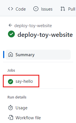 Screenshot of the GitHub interface showing the run details menu, with the say-hello job highlighted.