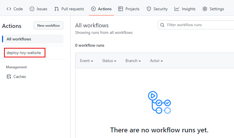 Screenshot of the GitHub interface showing the Actions tab, with the deploy-toy-website workflow selected.