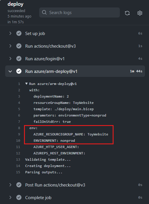 Screenshot of the GitHub interface showing the workflow log, with the 'environment variables' highlighted.