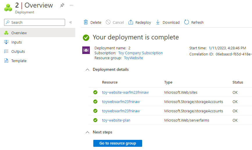 Screenshot of the Azure portal that shows the resource group deployment details, with the App Service resources highlighted.