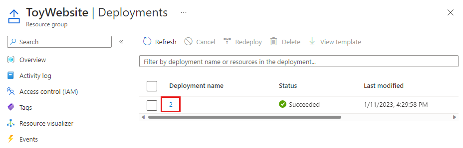 Screenshot of the Azure portal that shows the resource group deployment history, with the deployment highlighted.