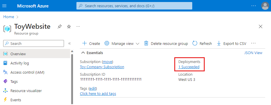 Screenshot of the Azure portal that shows the resource group with one successful deployment.
