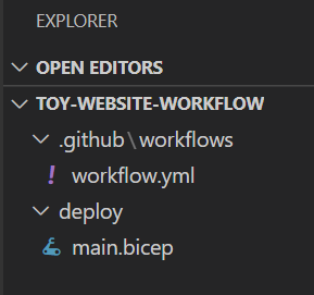 Screenshot of the Visual Studio Code Explorer, with the main dot bicep file highlighted and located in the deploy folder.