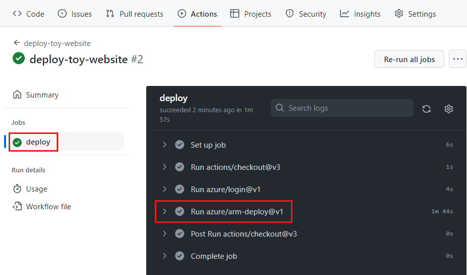 Screenshot of the GitHub interface showing the run page, with the deploy job highlighted.